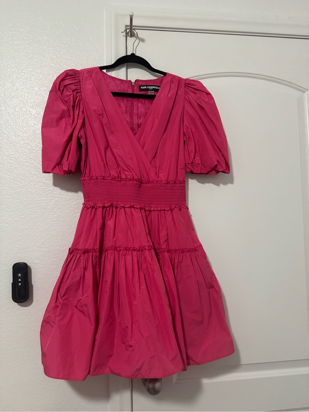 Karl Lagerfeld Bright Pink Puff-Sleeve Tiered V-Neck Midi Dress